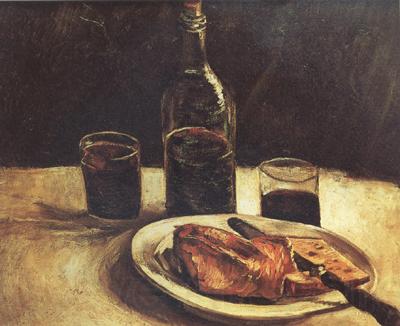 Vincent Van Gogh Still life with a Bottle,Two Glasses Cheese and Bread (nn04) Spain oil painting art